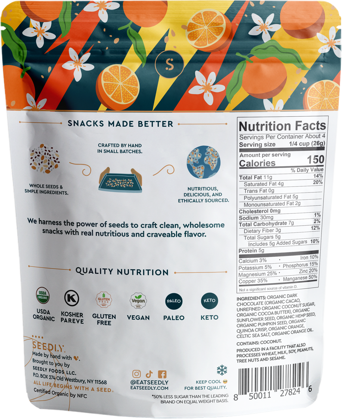 SEEDLY, Orange Zest, Dark Chocolate Bark, 3.6