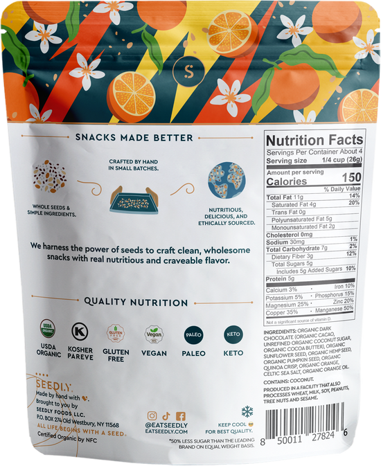 SEEDLY, Orange Zest, Dark Chocolate Bark, 3.6