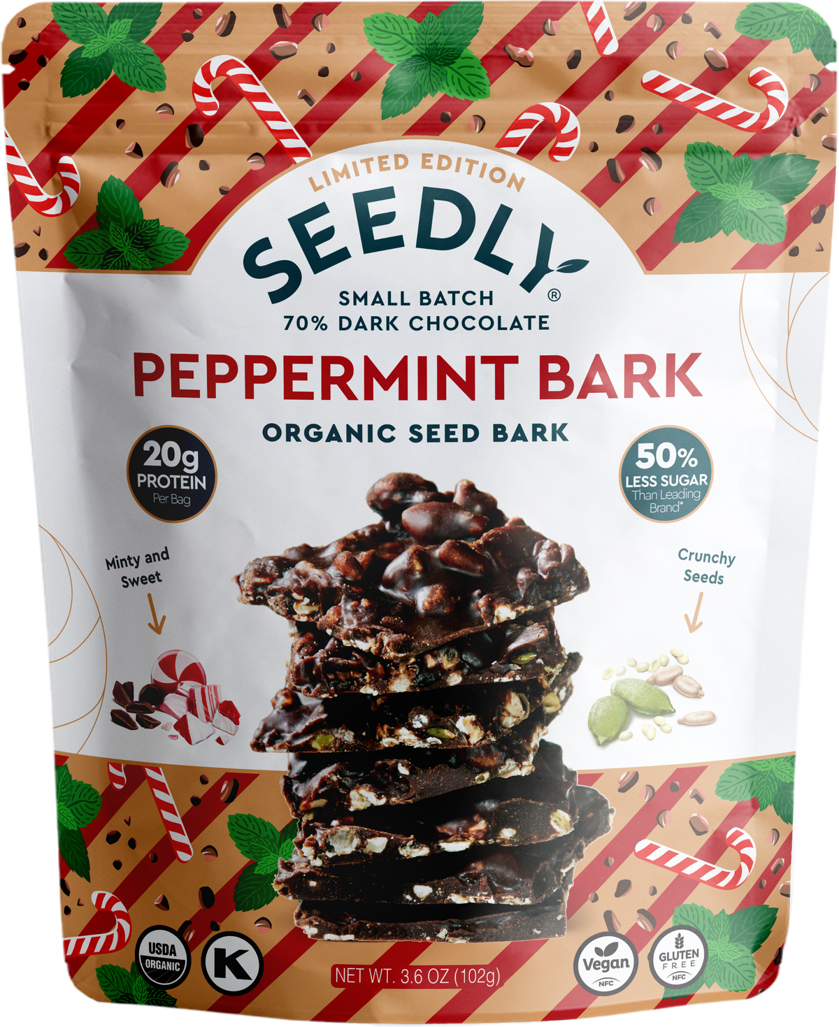 SEEDLY, Peppermint, Dark Chocolate Bark, 3.6 Oz.