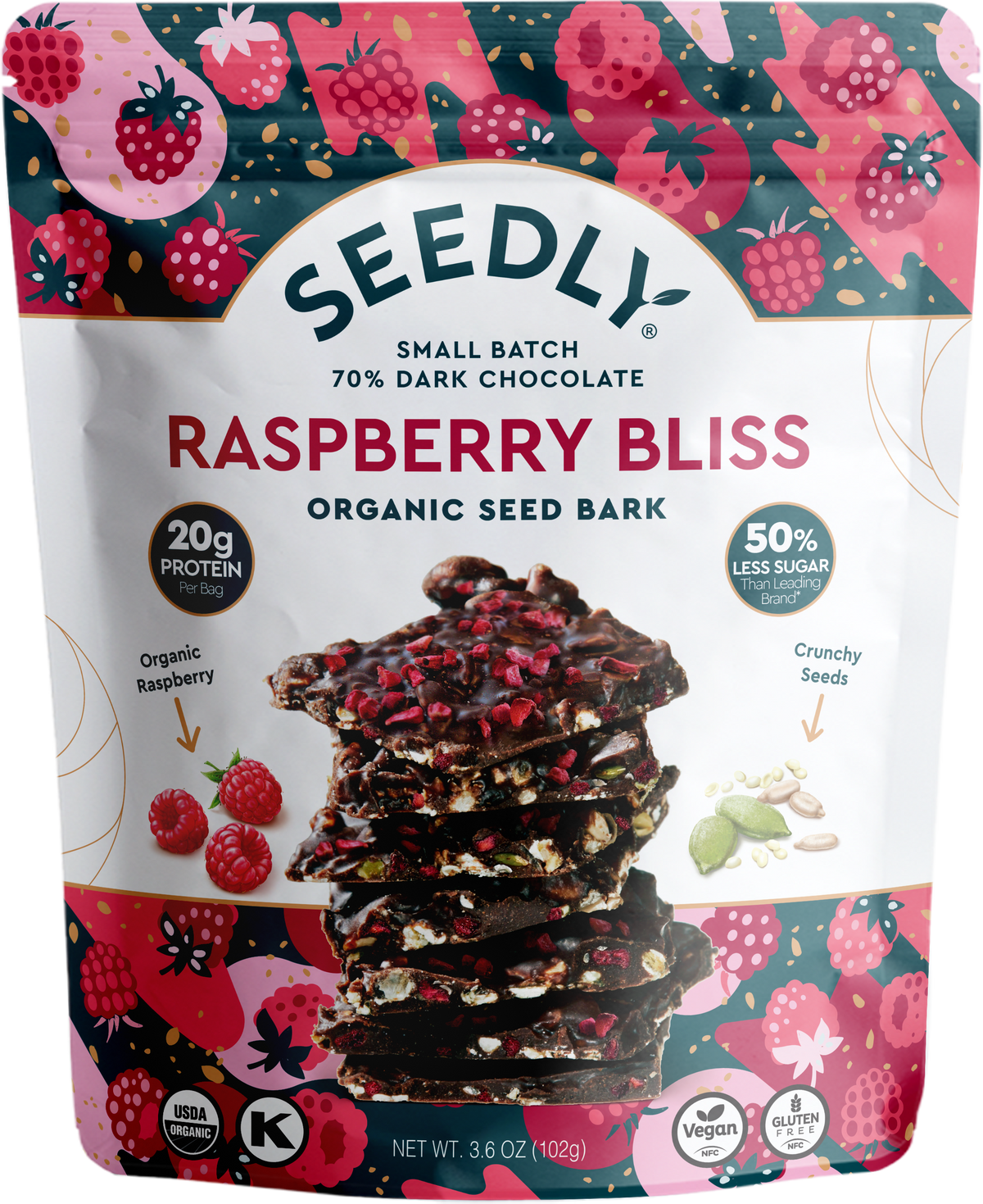SEEDLY, Raspberry Bliss, Dark Chocolate Bark, 3.6 Oz.