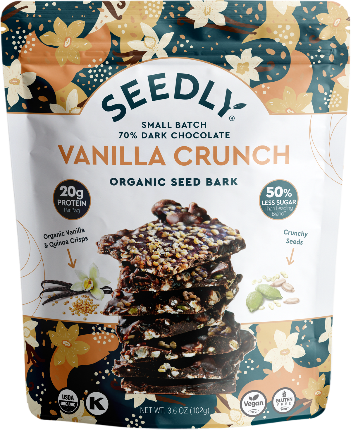 SEEDLY, Vanilla Quinoa Crunch, Dark Chocolate Bark, 3.6 Oz.