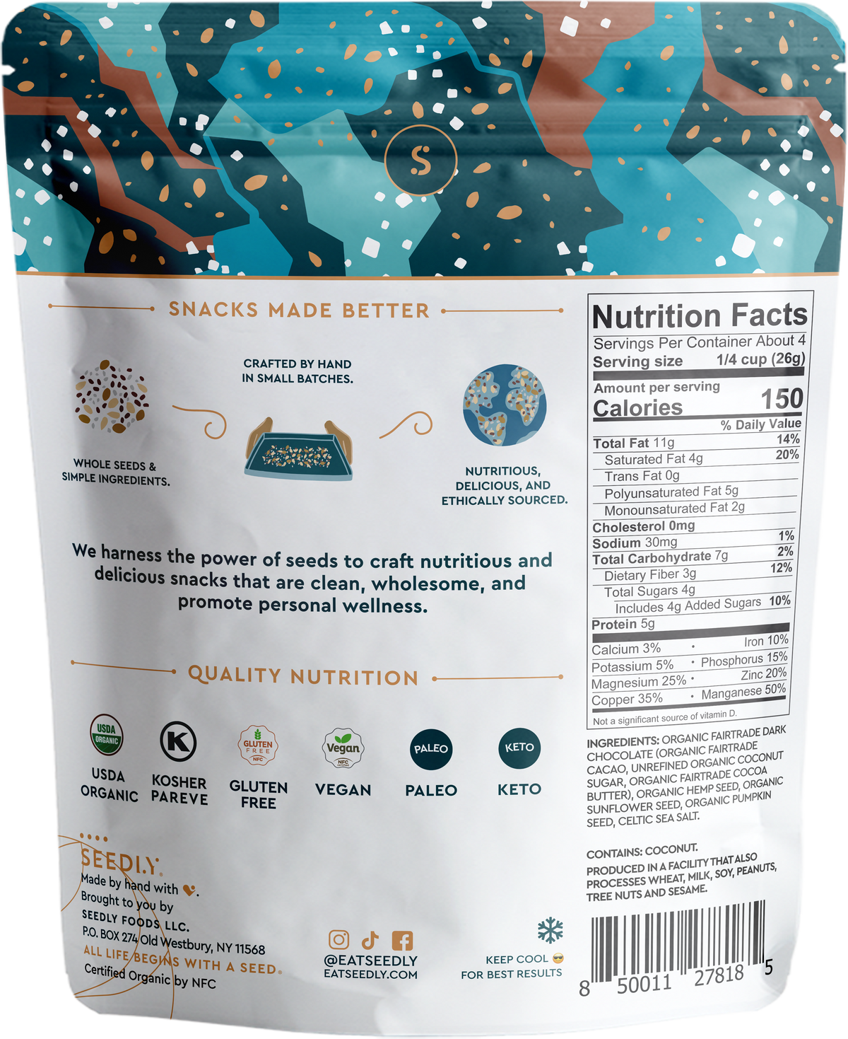 SEEDLY, Celtic Sea Salt, Dark Chocolate Bark, 3.6 Oz.