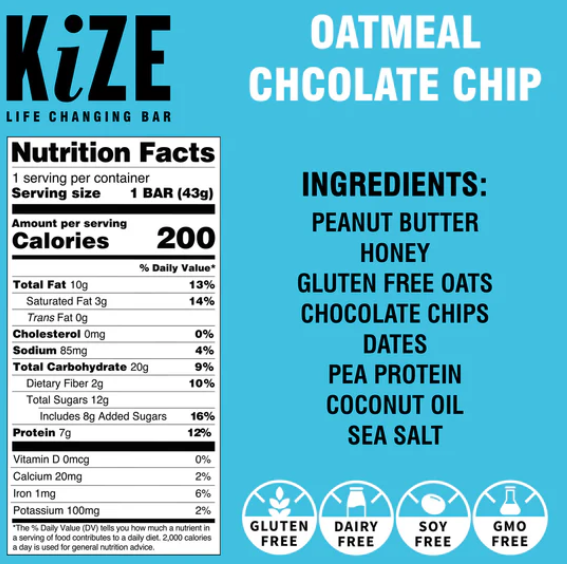 Kize Oatmeal Chocolate Chip, Protein Snack Bar, 1.5oz, 20 bars