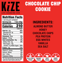 Kize Chocolate Chip Cookie, Protein Snack Bar, 1.5oz, 20 Bars