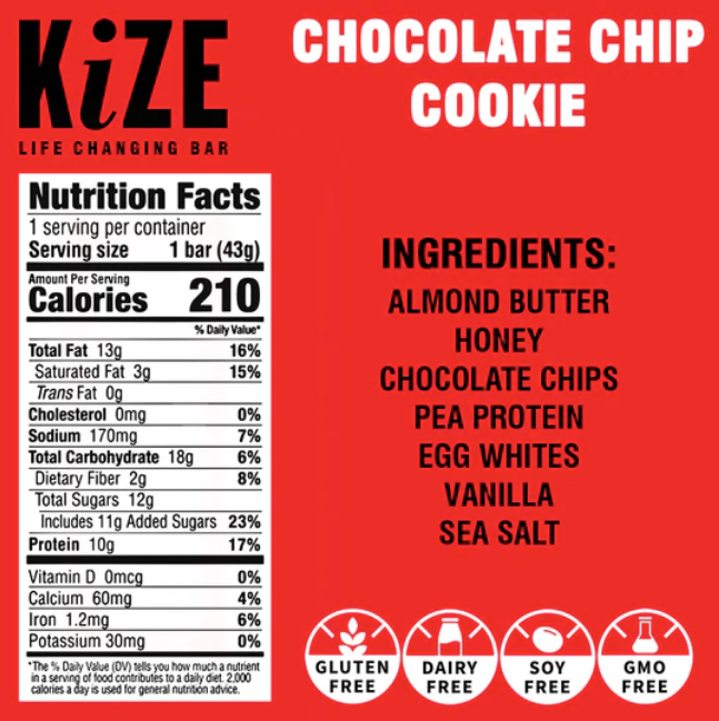 Kize Chocolate Chip Cookie, Protein Snack Bar, 1.5oz, 20 Bars