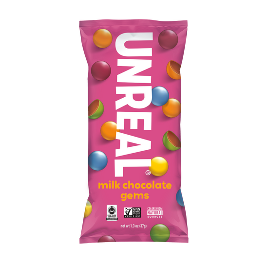UNREAL - Milk Chocolate Gems Snack Bags (Caddy of 12 Bags, 1.3 oz each)