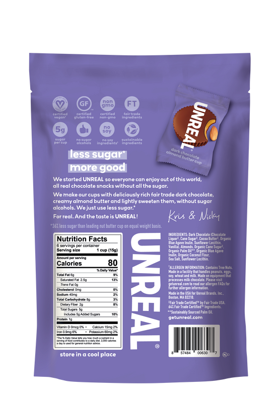 UNREAL - Dark Chocolate Almond Butter Cups (Case of 6 Bags, 6 Cups per Bag - 36 Cups)