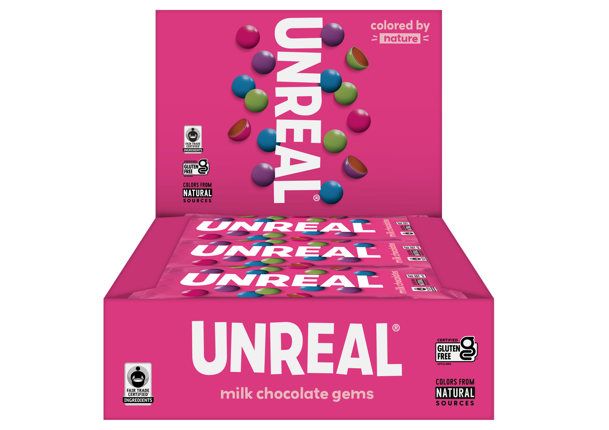 UNREAL - Milk Chocolate Gems Snack Bags (Caddy of 12 Bags, 1.5 oz each)