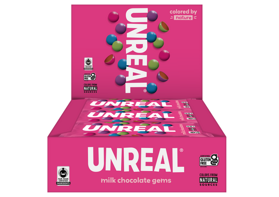 UNREAL - Milk Chocolate Gems Snack Bags (Caddy of 12 Bags, 1.3 oz each)