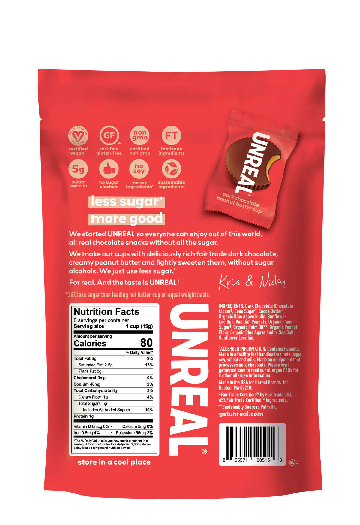 UNREAL - Dark Chocolate Peanut Butter Cups (Case of 6 Bags, 8 Cups per Bag - 48 Cups)