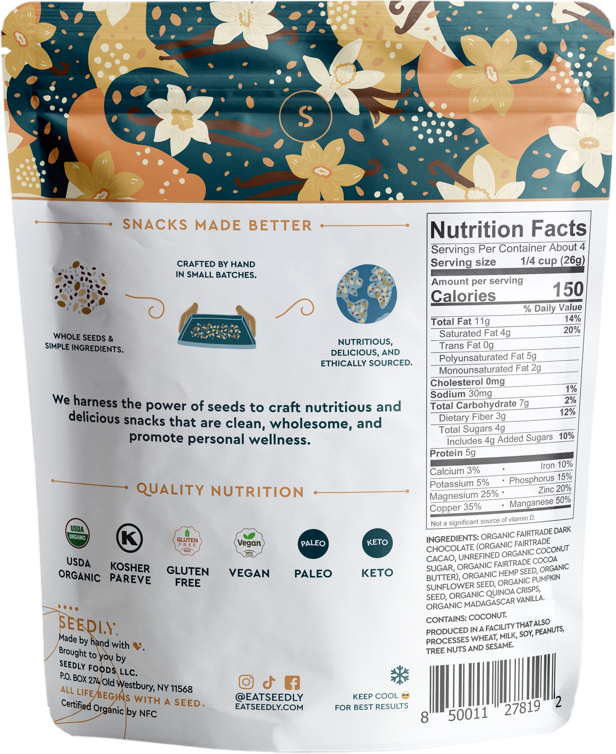 SEEDLY, Vanilla Quinoa Crunch, Dark Chocolate Bark, 3.6 Oz.