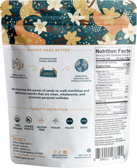 SEEDLY, Vanilla Quinoa Crunch, Dark Chocolate Bark, 3.6 Oz.