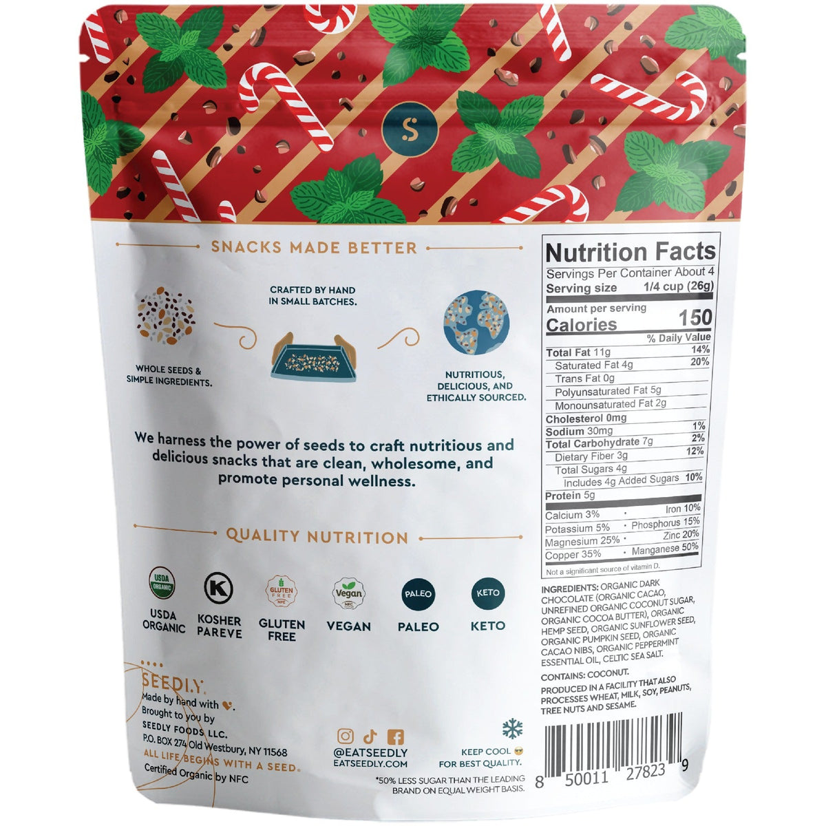SEEDLY, Peppermint, Dark Chocolate Bark, 3.6 Oz.