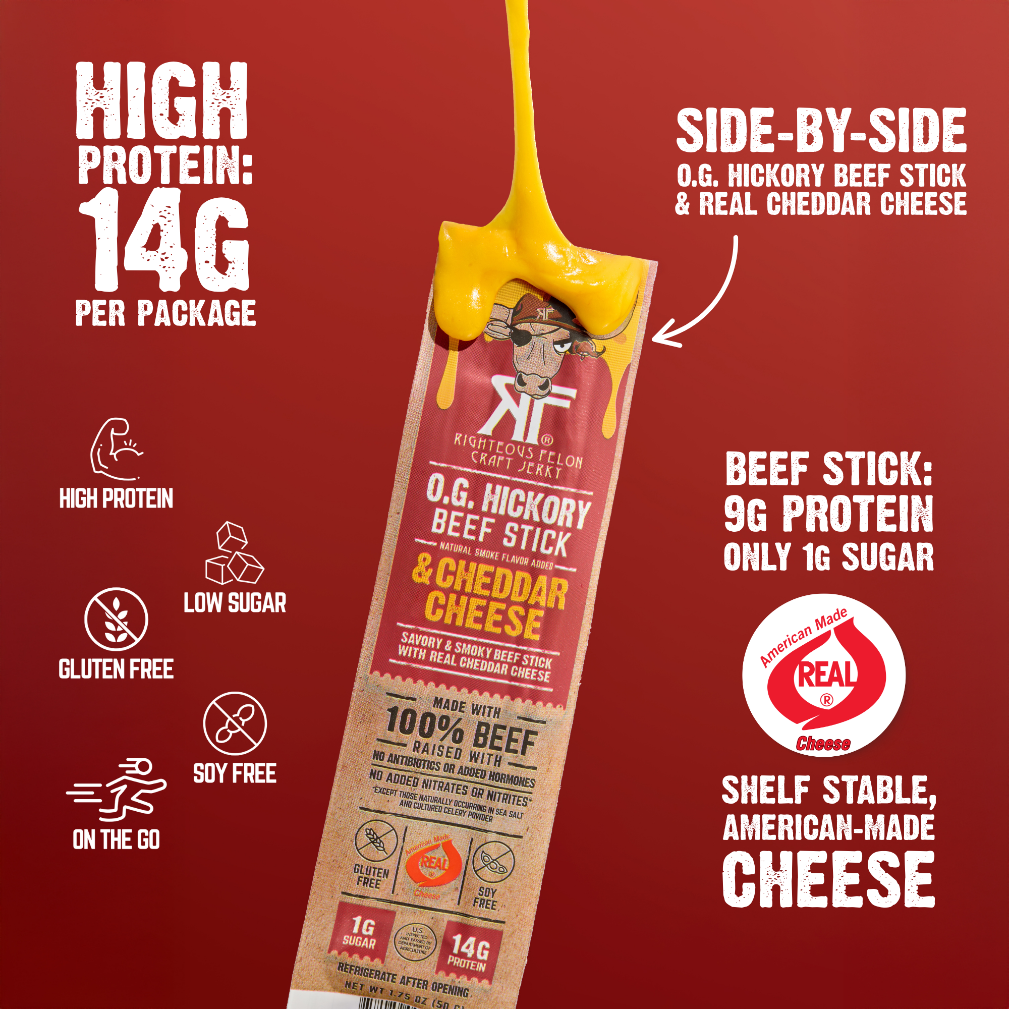 Righteous Felon O.G. Hickory Beef & Cheddar Cheese Stick 1.75oz Caddy Master 60ct (6/10ct)
