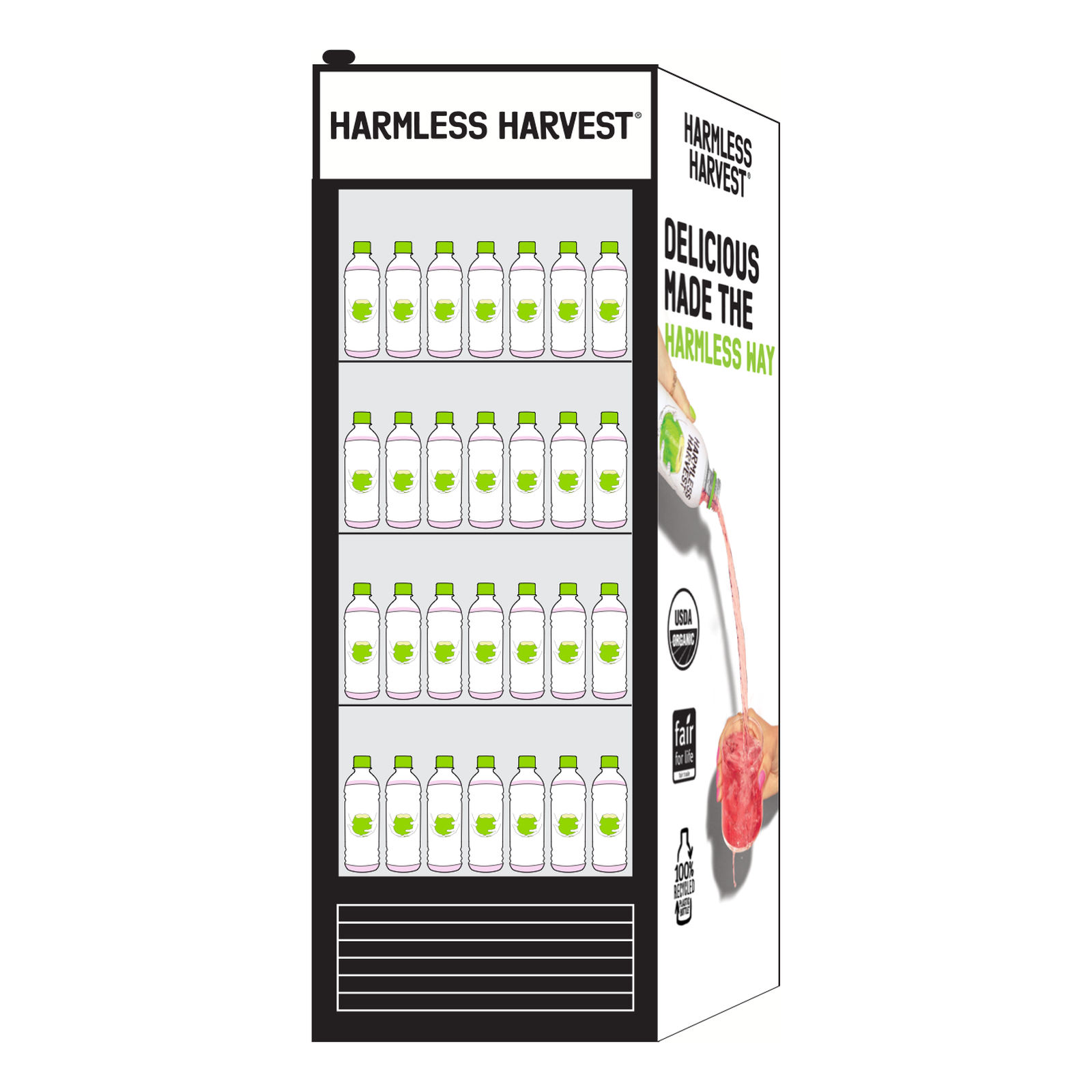 Harmless Harvest Biggie Small full-height glass door cooler holding 120 x 16oz coconut water bottles